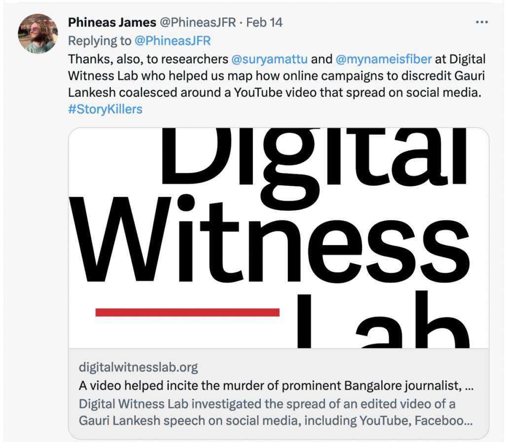 Screen shot of Twitter post from journalist thanking the Digital Witness Lab.